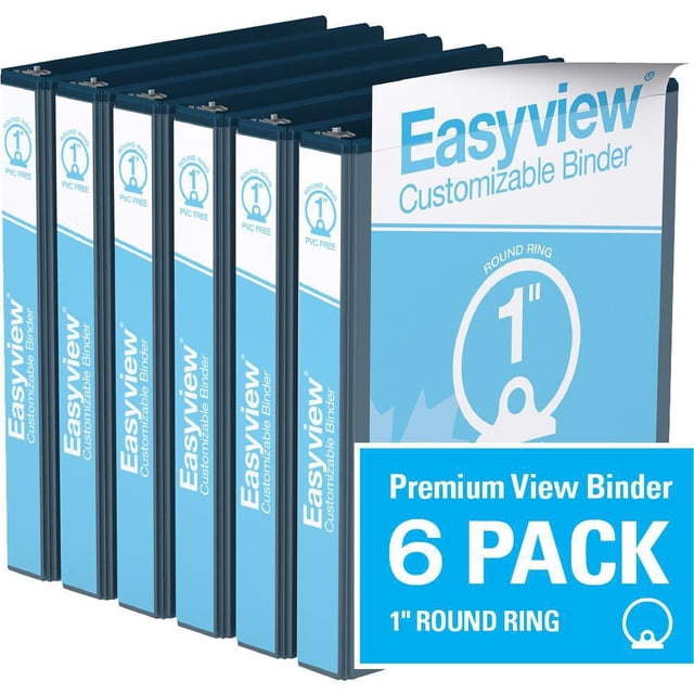 Davis Group Easyview Premium Round Ring Customizable View Binder 6 Pack 1 inch with six blue binders featuring clear overlay on front, spine, and back covers, round 1 inch rings for flat page viewing, PVC-free polypropylene construction, and 100% recycled board with 85% post-consumer waste, suitable for presentations, manuals, and reports.