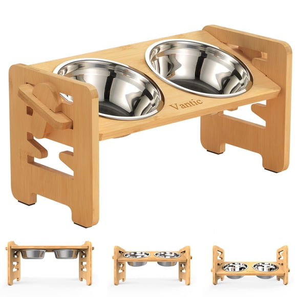 Vantic Elevated Dog Bowls Adjustable Raised Dog Bowl Stand for Small Puppy and Cats Sturdy Bamboo Pet Food Feeder with 2 Stainless Steel Dishes Black