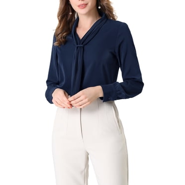 INSPIRE CHIC Women's Long Sleeve Blouses Chiffon Pleated Tie Neck Office Top Shirt S Navy Blue