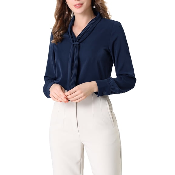 INSPIRE CHIC Women's Long Sleeve Blouses Chiffon Pleated Tie Neck Office Top Shirt XL Navy Blue