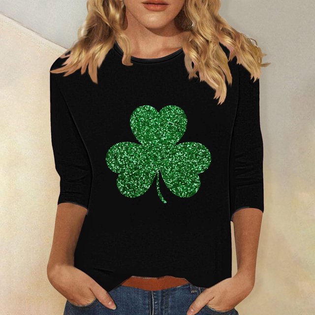 Meichang Hauts pour Femmes Manches 3/4 Chandails St Patricks Day T-Shirts Graphiques Porte-Bonheur Décontractés Coupe Ample Col Rond Vert Hauts Irlandais