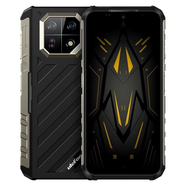 Ulefone Armor 22 rugged smartphone unlocked in black, featuring a 64MP wide-angle camera and 64MP night vision camera. The front-facing view highlights the 6.58-inch FHD+ display with a bold geometric design, while the rear showcases the quad-camera setup in a durable, textured casing. This Android 13 device includes 128GB storage, 8GB RAM, a 6600mAh battery, and IP68/IP69K waterproof, shockproof, and dustproof ratings. Suitable for outdoor and underwater use.