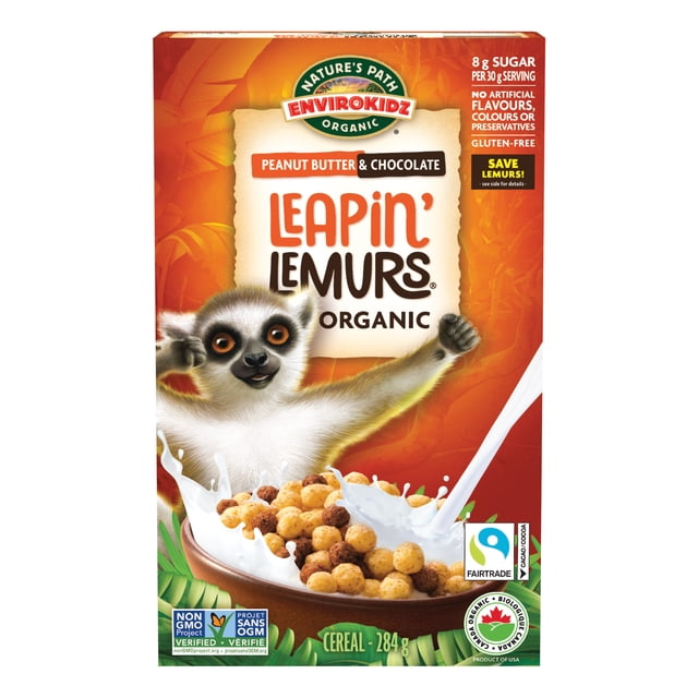 Nature's Path EnviroKidz Gluten Free Leapin' Lemurs Peanut Butter And Chocolate Cereal box with orange background featuring a bowl of crunchy peanut butter and chocolate corn puff cereal splashing in milk, displaying organic, gluten-free, and Fairtrade certifications, weighing 284 grams.