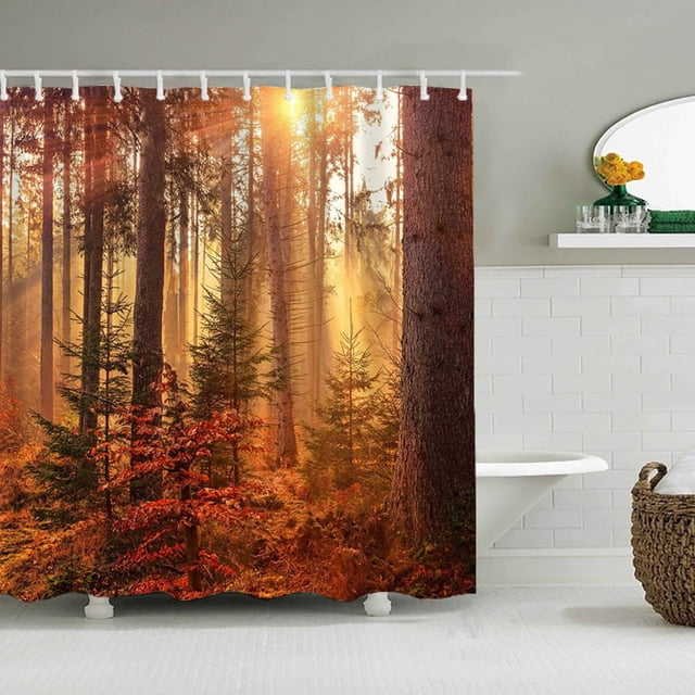 EGNMCR Curtains, a printed shower curtain made of mildew-proof polyester fabric, measuring 150x180 cm. The curtain showcases a forest design with sunlight filtering through tall trees, creating a warm and inviting atmosphere. It includes 12 holes for easy hanging and is machine or hand washable. Shown in a contemporary bathroom with white tiles and a freestanding bathtub.