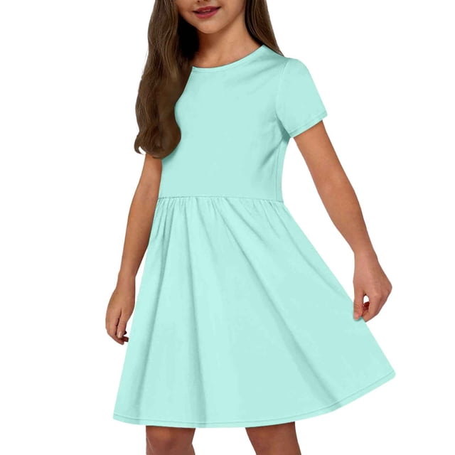 Robe Bébé Fille Mode Enfants Uni Col Rond Manches Courtes Décontractée Confortable avec Poches Robe Enfant Fille Vert 7 Ans-8 Ans