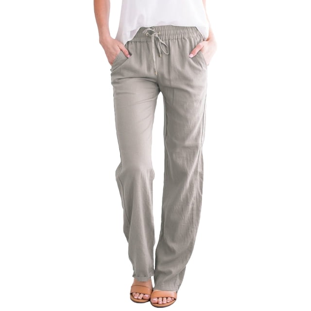 Kcodviy Women Solid Straight Solid Sweatpants Women Elastic Pants Long Drawstring Plus Size Extra Long Yoga Pants Linen Women Waist Cotton Work Pants for Women Plus Size Casual Pants