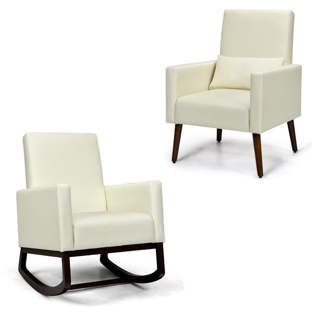 Patiojoy Set of 2 Dual-use Upholstered Rocking Chair with Wood Leg & Pillow Relax Sofa Chair Beige