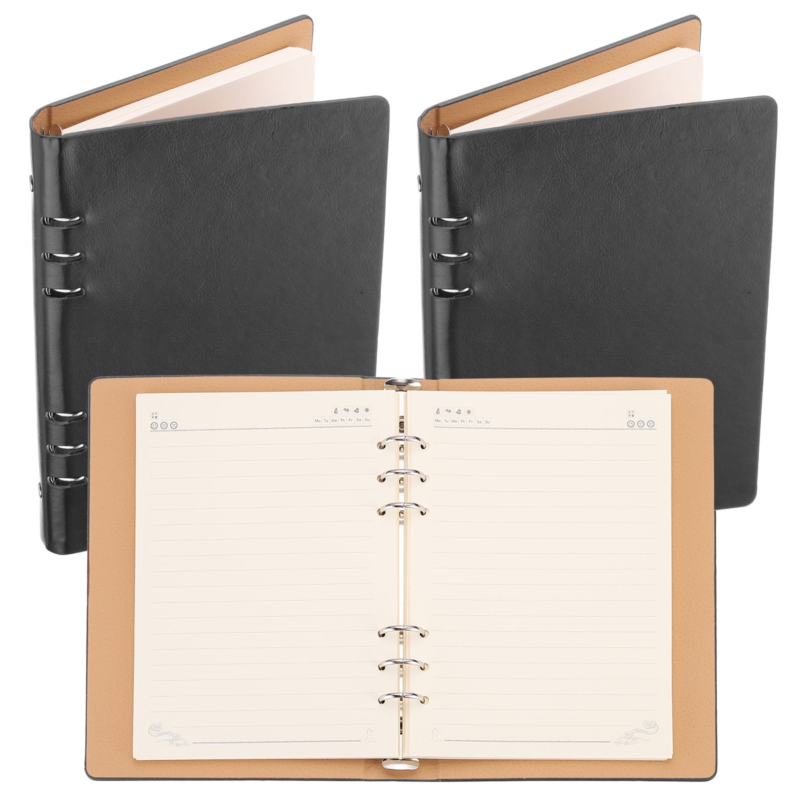 REGALWOVEN 6 Ring Binder Cover, 2 Pack A5 Leather Notebook Binder Loose Leaf Planner with 160 Sheets Paper, Black
