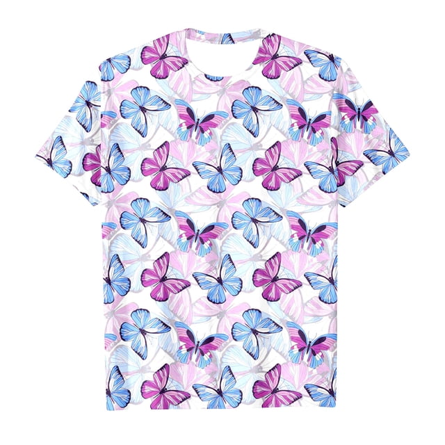T-shirts Filles Manches Courtes Imprimé Papillons Décontracté Tops Filles Tops Violet 6-7 Ans