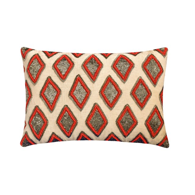 The HomeCentric Designer Red 12"x24" (30x60 cm) Lumbar Pillow Cover, Linen Beaded Oblong Pillow, Geometric Pattern Modern Style - Lozenge Red
