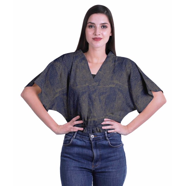 Moomaya Hauts à Manches Boxy Imprimés pour Femmes, Col en V, Taille Élastique, Kimono
