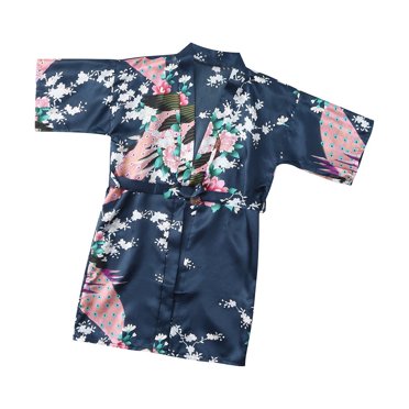 Zwiiyzr 2025 1-7 Years Girls Satin Bathrobe Pajamas Toddler Baby Kids Flower Print Silk Kimono Robes Sleepwear Clothes for Wedding Spa Party Navy