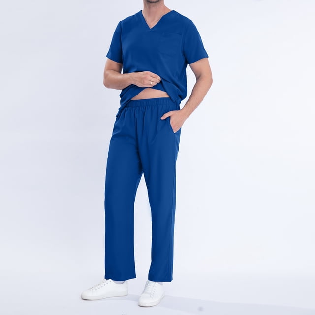 UPPADA Sarraus Médicaux pour Femmes Ensembles Extensibles Haut à Col en V et Pantalon Cargo à Jambe Grand Ensemble de Sarrau avec Tailles Régulières et Petites Ensemble de Sarrau Athlétique Tenue de Travail d'Infirmière Bleu, TG