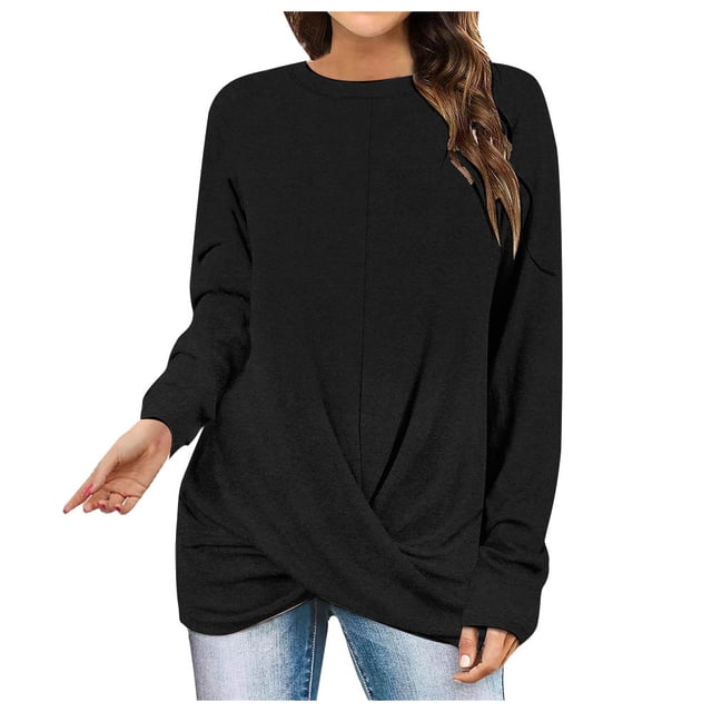 Besolor 2024 Chemise à Manches Longues pour Femmes, Tunique Décontractée de Printemps et d'Automne, Haut Croisé Froncé à l'Avant, Blouse à Col Ras du Cou, T-Shirts