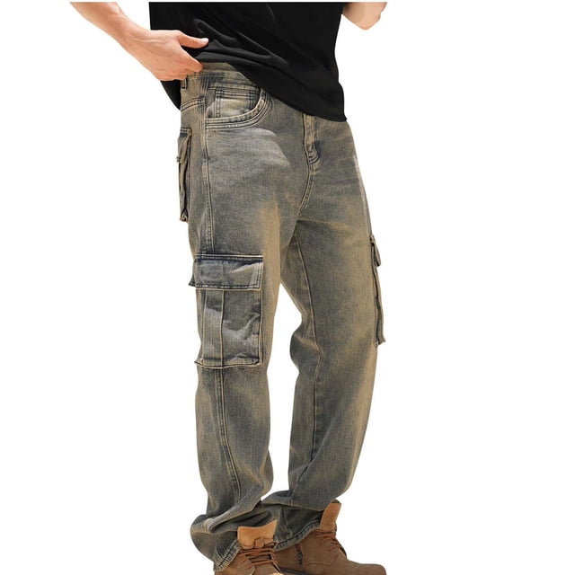 fheaev Pantalon Cargo pour Hommes Hommes Vintage Plein Air Mode Uni Décontracté Jeans à Poches Pantalon Cargo