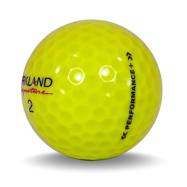 60 Signature Performance + 5A Yellow by Mulligan Golf Balls - Used Golf Balls. A close-up view of a bright yellow golf ball with a 338-dimple pattern, featuring 'Performance+' branding and a smooth, near-new surface. Professionally sorted to 5A Mint Grade, these recycled balls offer tour-quality performance with a low compression core for high speed and a responsive feel. Ideal for avid golfers seeking enhanced shot tracking and stable flight.