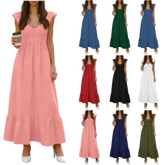 QIUOMBBP Flowy Maxi Dresses for Women Cap Sleeve V Neck Smocked Ruffle Long Dress Summer Casual Travel Sundress Pink L