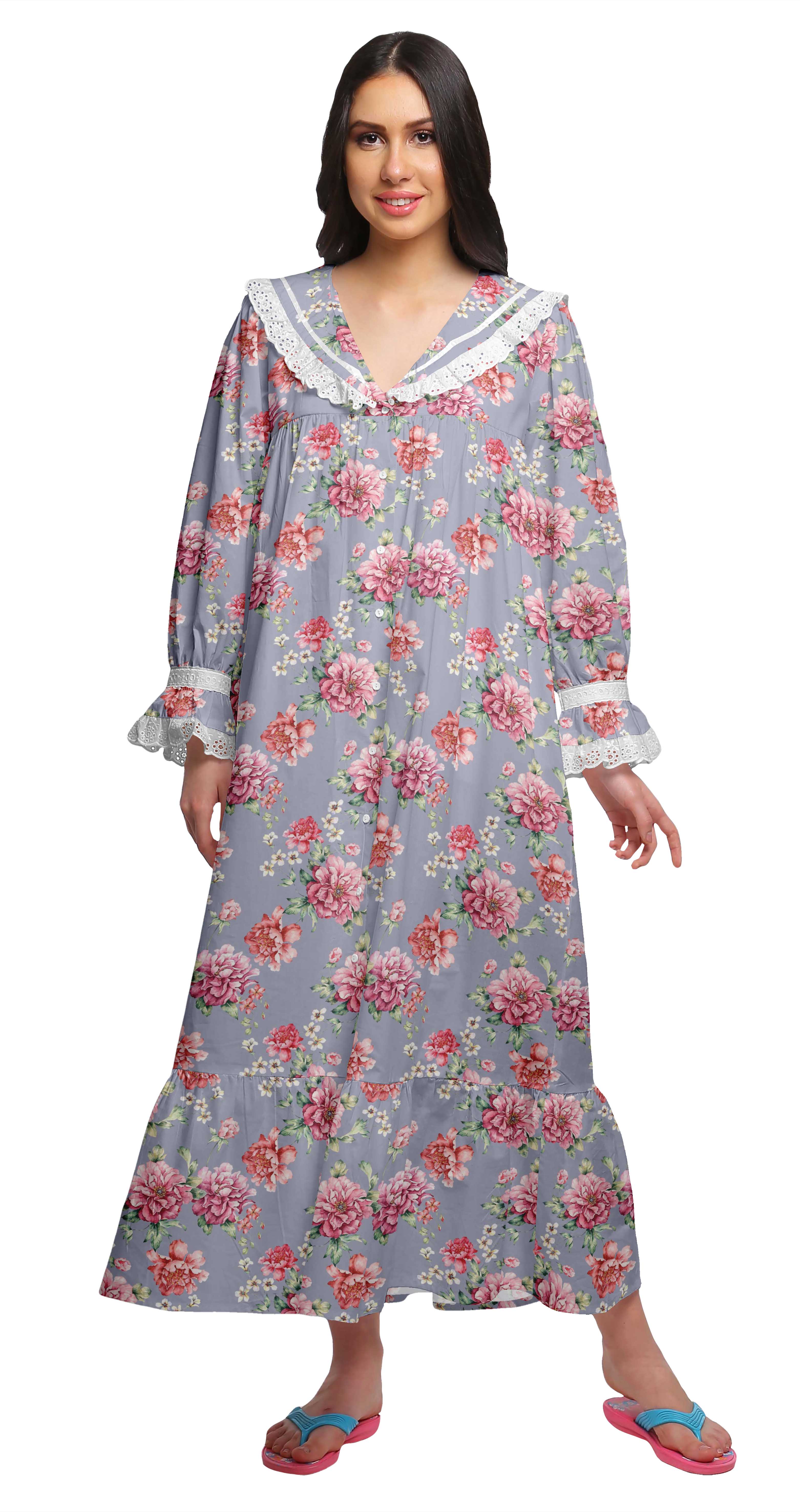 Moomaya Printed V-Neck Sleepwear Cotton Ruffled Border WoMen's Maxi Nightdress