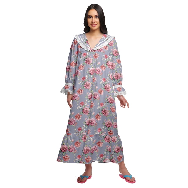 Moomaya Robe de Nuit Maxi pour Femmes en Coton à Col en V Imprimé avec Bordure Volantée