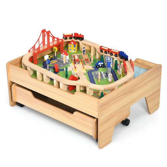 Gymax Ensemble de Voie Ferrée en Bois pour Enfants avec Table et Tiroir de Rangement de 100 Pcs