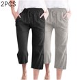 thumbnail image 2 of Timegard 2pc Capri Pants for Women Cotton Linen Elastic Waist Loose Lounge Crop Pants Pockets Solid Color, 2 of 7