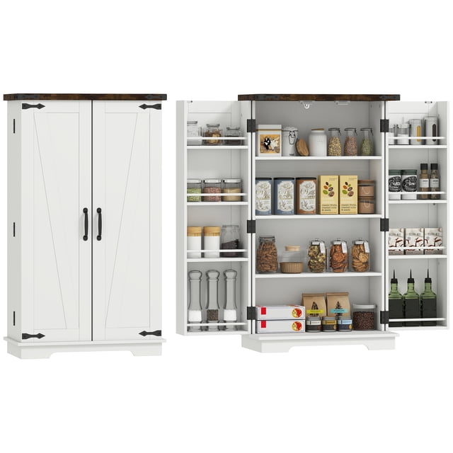 HOMCOM Armoire de Garde-Manger de Cuisine Armoire de Rangement avec Tablettes Ajustables en Blanc, Présentant un design de Porte de Grange de Style Ferme avec accents Métalliques Noirs et un Dessus à grain de Bois. l'Armoire Comprend un Intérieur à Quatre Niveaux avec Deux Tablettes Ajustables et Huit Tablettes de Porte pour un Rangement Polyvalent. la Conception Anti-Basculement Assure la Sécurité, et la construction en Panneau de Particules à Surface Mélaminée Permet un Nettoyage Facile. les Dimensions Sont de 23,6 Pouces de Large, 11,8 Pouces de Profondeur et 40,9 Pouces de Hauteur.