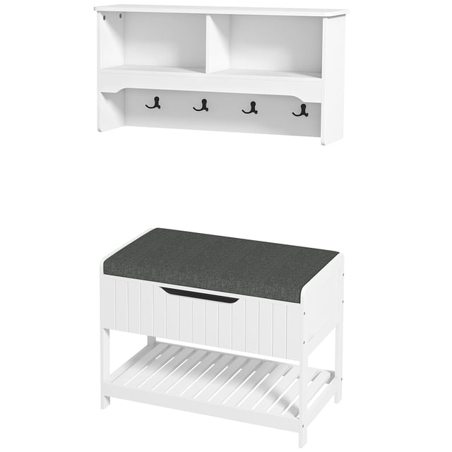 White Wall Mounted Coat Rack with Bench & Shoe Storage - Hall Tree for Entryway, Living Room & Bedroom - MDF Organizer 80” x 20” x 40”
