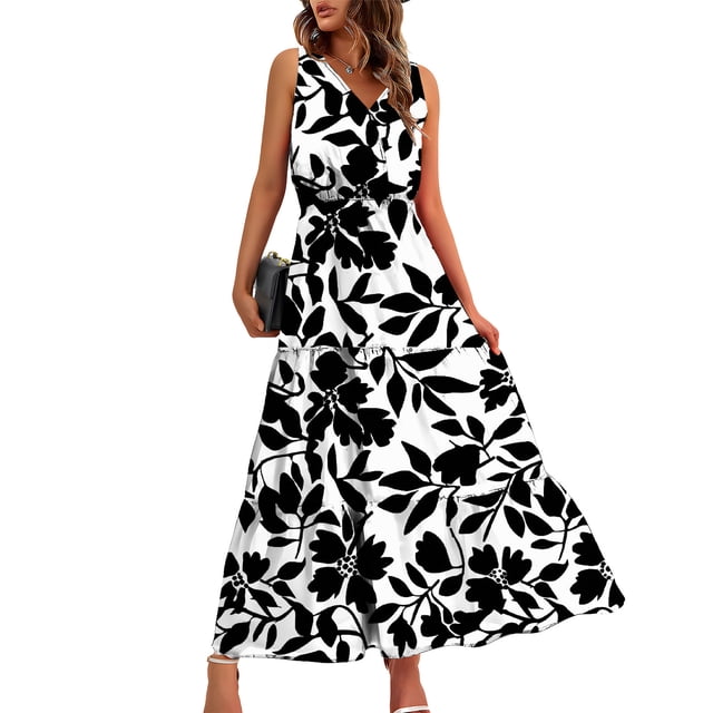 Pisexur Robe Longue Sans Manches à Col en V pour Femme, Robe d'Été Fluide à Volants et Taille Élastique, Robe de Bal Tendance à Imprimé Floral, Robe Longue Décontractée et Ample, Robe Portefeuille Confortable et Fluide Idéale pour les Vacances à la Plage