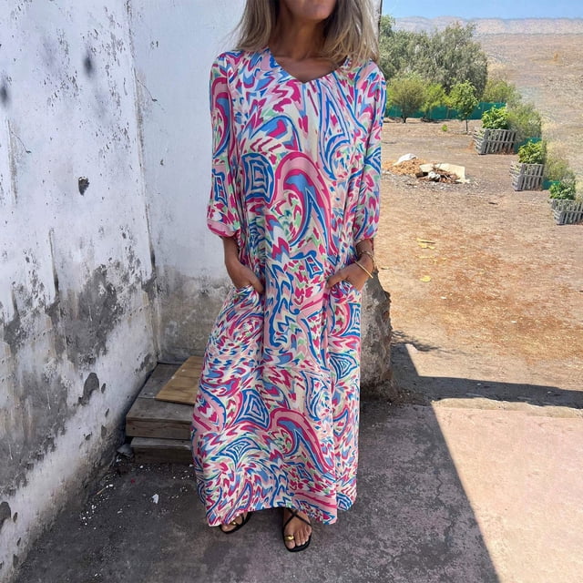 Ovzne Robes pour Femmes Robe de Plage Robe d'Été Aguichant Mode Imprimée avec Poche Manches 3/4 Col en V Robe de Vacances Imprimée Liquidation
