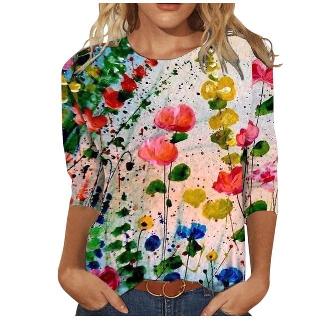 TIMIFIS Hauts pour Femmes Manches 3/4 Décontractés Coupe Ample Tuniques Col Rond T-shirt Automne