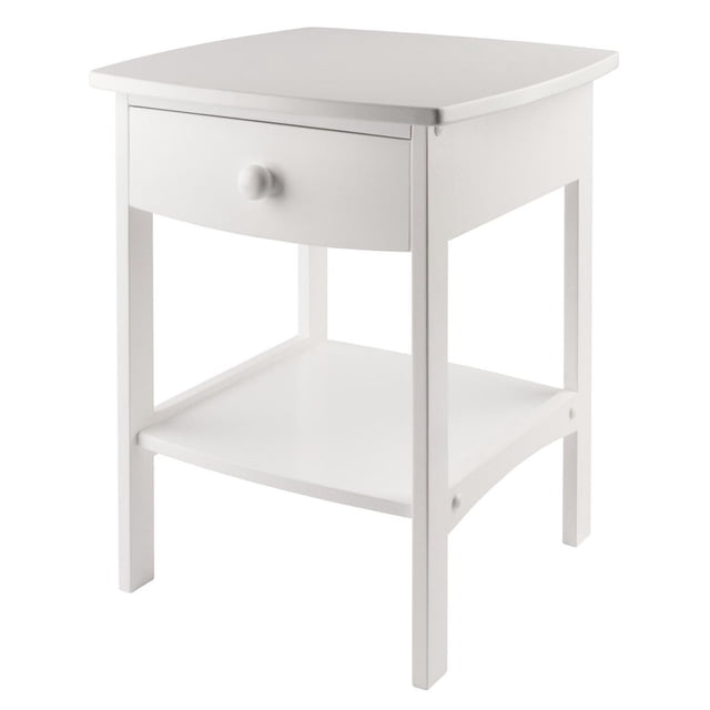 Night Stand with a curved white top, featuring a single pull-out drawer with a round comfort grip knob and a lower shelf, constructed from composite and solid beech wood in a clean, simple design suitable for bedroom or living room use.