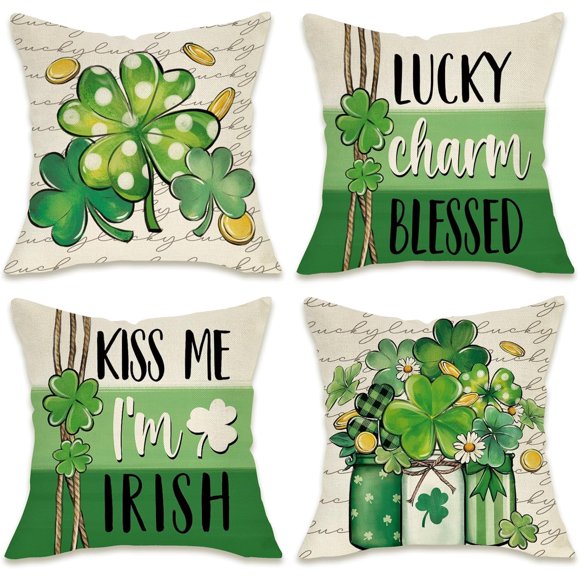 Housses de Coussin Décoratives de la Saint-Patrick 18 x 18, Ensemble de 4, Taie d'Oreiller Extérieure Porte-Bonheur Trèfle Béni de Printemps, Pièces Pot Mason Moi Je Suis Irlandais Housse de Coussin Déco Maison