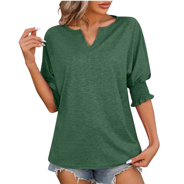 Penkiiy T-Shirts à Manches Courtes pour Femmes Col en V Bouffant Tunique Décontractée Habillée Tendance 2TG Vert
