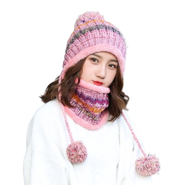 1 Ensemble Automne Hiver Bonnet Écharpe Coloré Rayé Tricot Bordless Peluche Doublure Extensible pour l'Extérieur