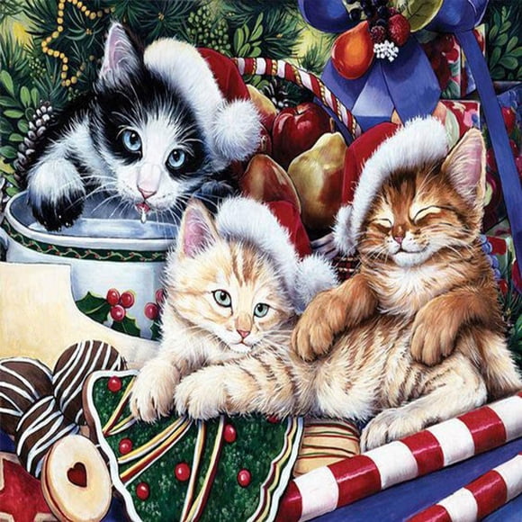 5D Christmas Diamond Painting Kit, DIY Christmas Cat Diamond Painting Kits for Adults and Beginner（Diamond Painting Cat,16x16Inch）