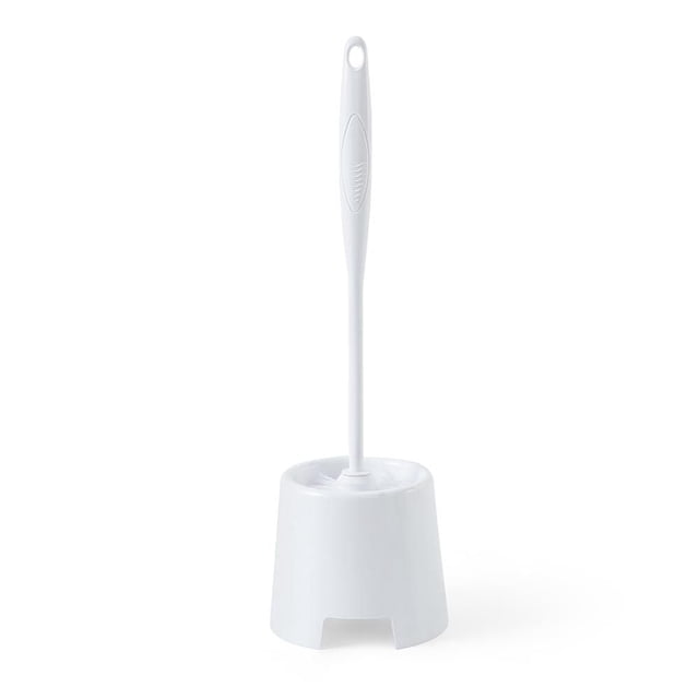 Grey Label Toilet Brush White For Bathroom Cleaning with a white plastic handle featuring a textured grip and a compact white caddy with a ventilation cutout base, designed for hygienic toilet cleaning and neat bathroom storage.