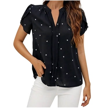 AherBiu Hauts pour Femmes Chic Décontracté Col en V à Encoche Chemises à Manches Pétales Imprimées de Cœurs Blouse en Chiffon