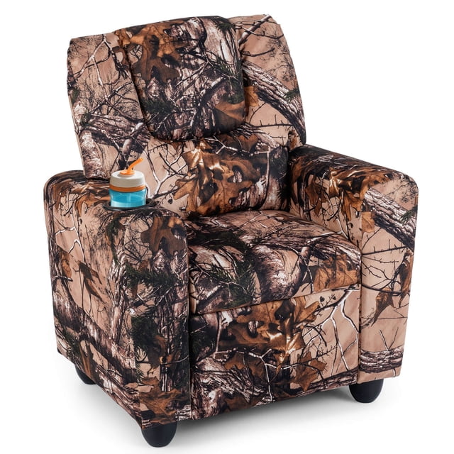 Costway Kids Recliner with Cup Holder in a camouflage design, featuring an adjustable backrest and footrest for customized comfort. The chair includes padded armrests, a retractable footrest, and a built-in cup holder for convenience. Constructed with a solid wood frame, velvet fabric, and anti-slip feet, it ensures durability and comfort for children aged 3 and up. Ideal for a kid's room, living room, or nursery, this children's recliner is perfect for reading, watching TV, or relaxing.