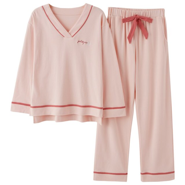 REDHOTYPE Nouveaux Pyjamas en Coton Doux pour Femmes 2 Pcs Grande Taille 3TG Simple Manches Longues Décontracté