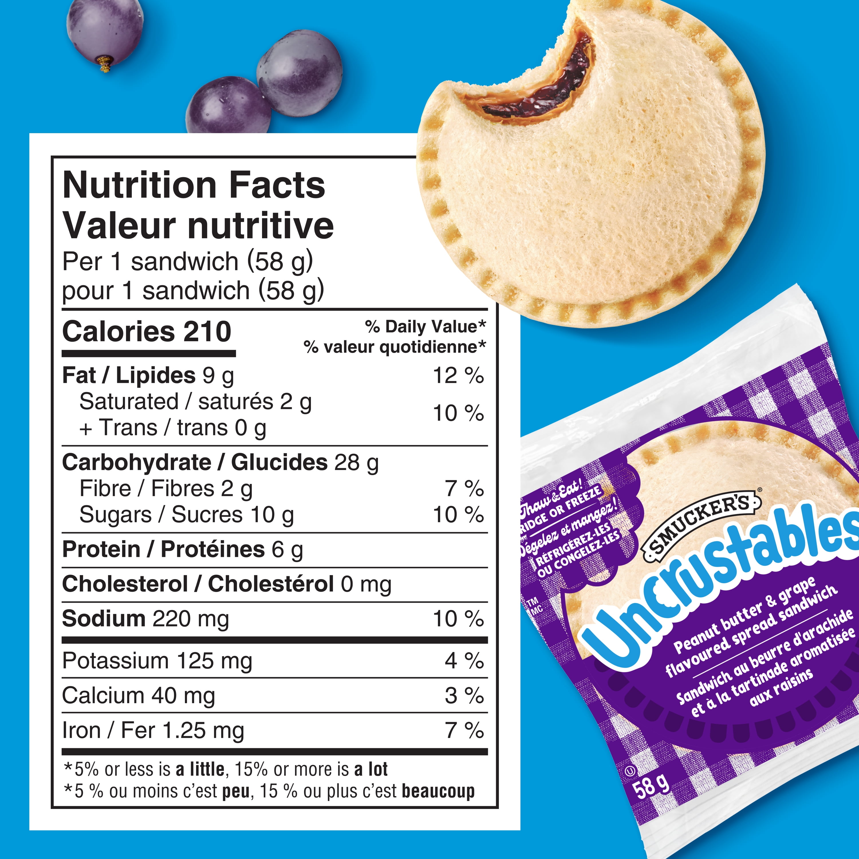 Smucker's Uncrustables Peanut Butter and Grape Flavoured Spread Sandwich, Frozen,58g, Pack of 4