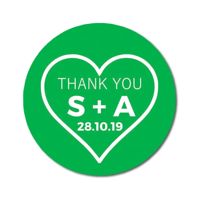 Darling Souvenir Round 45 Pieces Heart Thank You Stickers Personalized Bride Groom Initials And Date Envelope Seals-Green