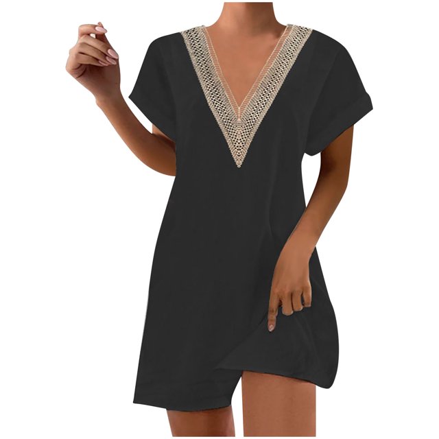 Birdeem Mode Femme Été Uni Décontracté Col en V Manches Courtes Vacances Robe en Dentelle