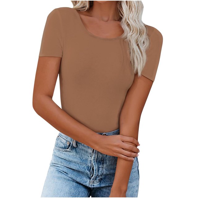 Timegard Hauts pour Femmes Été Col Rond Manches Courtes Blouse Unie Hauts Décontractés T-Shirts Basiques