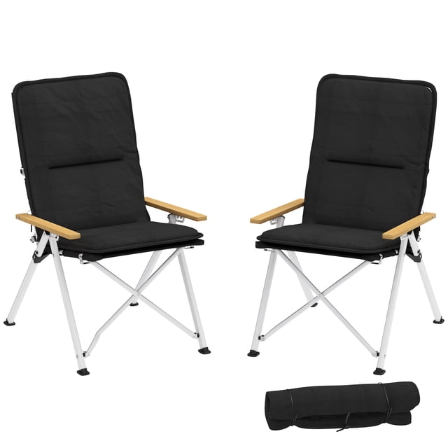 Outsunny Chaises de Camping Pliantes, Lot de 2, Fauteuils Inclinables d'Extérieur Rembourrés avec Sac de Transport. Deux Chaises de Camping Noires avec Sièges Rembourrés, Dossiers Hauts et Accoudoirs en Hêtre Lisses. Caractéristiques Incluant une Inclinaison Réglable à 4 Niveaux, des Cadres en aluminium Durables et un design Pliable. Idéal pour les Meubles de Camping, les Pique-Niques Ou les Journées à la Plage. Comprend un Sac de Transport pour la Portabilité.