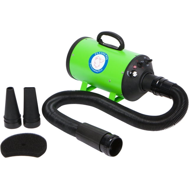 Flying Pig High Velocity Dog Pet Grooming Dryer with Heater (Model: Flying One green) designed for dog grooming, featuring a durable green steel frame, a flexible 10 ft hose, and adjustable speed and temperature controls. Includes interchangeable nozzles and a filter for easy cleaning.