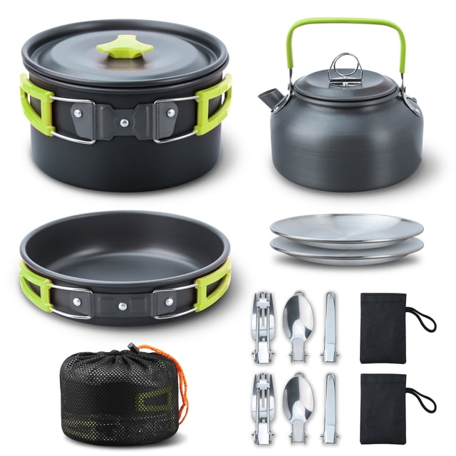 Camping Cooking Set Camping Cookware Set 16pcs with nesting design, including a pot, pan, kettle, lids, plates, utensils, and carry bags. Made of anodized aluminum and stainless steel, lightweight and portable, perfect for camp kitchen accessories and outdoor activities for 2-3 people.