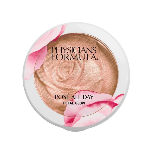 Illuminateur Pétale Rosé Toute la Journée par Physicians Formula, un Illuminateur Rond compact avec Poudre rose Nacré Embossée de Roses et Couvercle Blanc Mettant en Vedette des Pétales de rose, Offrant une Lueur Éclaircissante et Multidimensionnelle pour le Visage, les Yeux et le Corps.