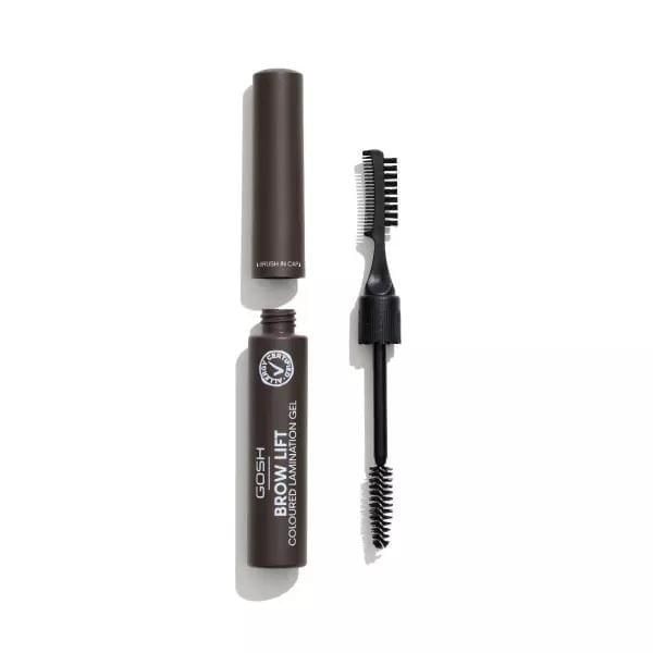 GOSH Brow Lift Lamination Gel 002 Dark Brown with dual-ended applicator featuring spoolie brush and comb, a tinted eyebrow gel that lifts, tames, and laminates brows for natural, fuller definition.