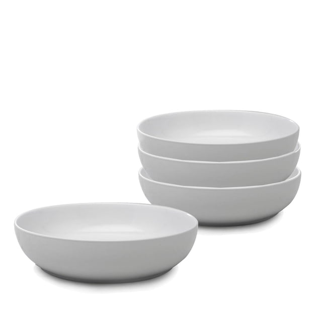 BIA S/4 All Purpose Bowls set of four white porcelain bowls, 8.75 inches (22 cm) diameter and 1.4-quart (1.3 L) capacity, shown with three stacked and one separate, suitable for pasta, cereal, chips, and candy, microwave and dishwasher safe.