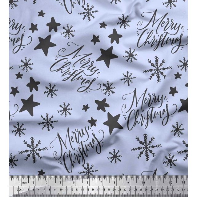 Soimoi Blue Cotton Poplin Fabric Star & Snowflakes Text Print Sewing Fabric Yard 42 Inch Wide
